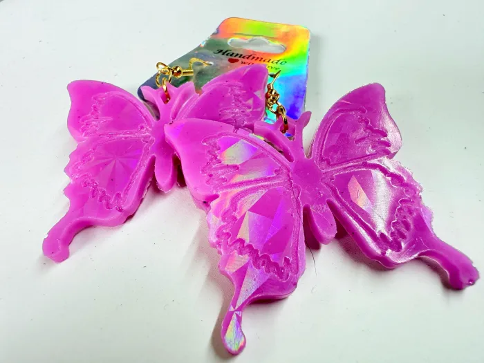 Handmade Pink Resin Butterfly Earrings | Iridescent Dangle Jewelry, Fantasy Inspired
