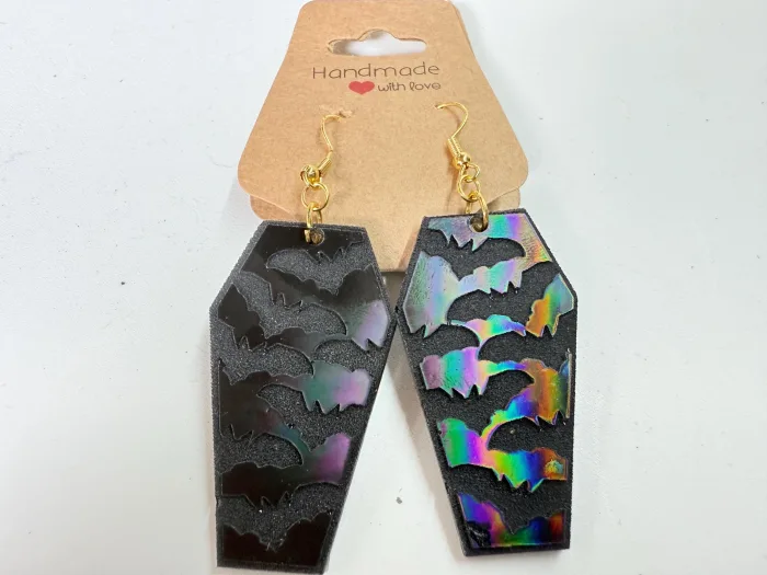 Resin Coffin Bat Earrings | Shimmering Halloween Dangle Jewelry