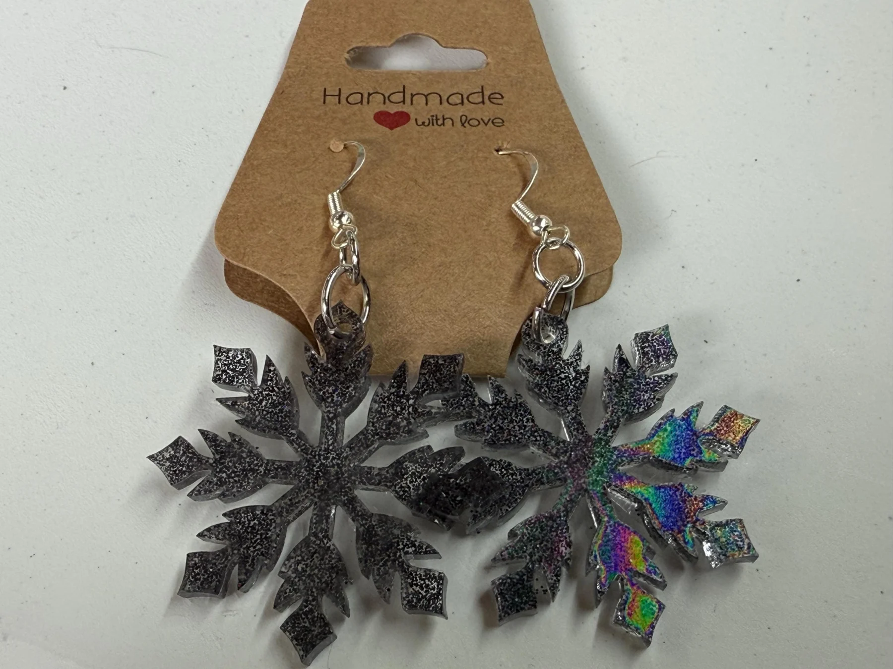 Handmade Resin Snowflake Earrings | Iridescent Pastel Glitter Winter Jewelry