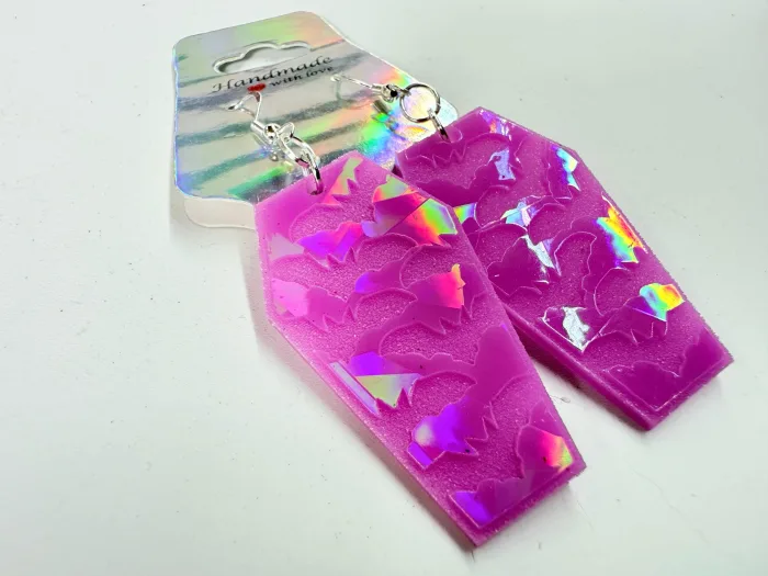 Resin Coffin Bat Earrings | Shimmering Halloween Dangle Jewelry