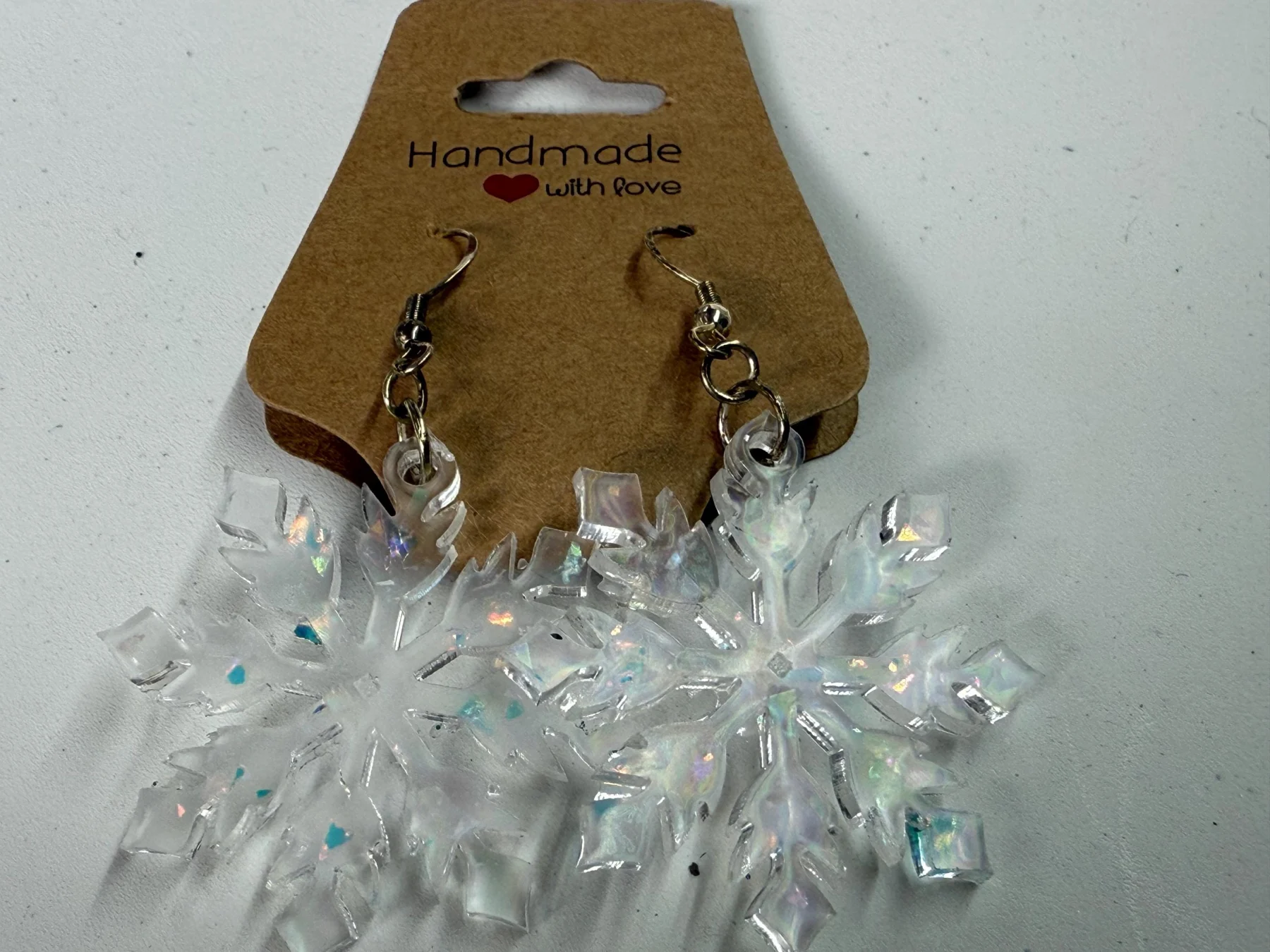 Handmade Resin Snowflake Earrings | Iridescent Pastel Glitter Winter Jewelry