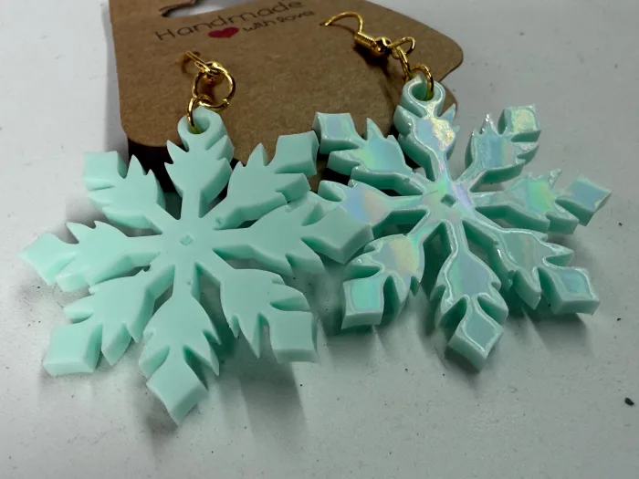 Handmade Resin Snowflake Earrings | Iridescent Pastel Glitter Winter Jewelry