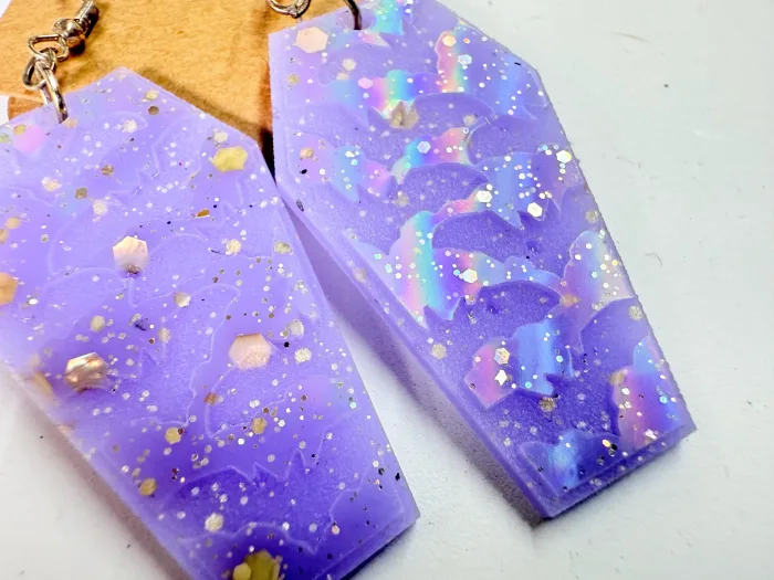 Resin Coffin Bat Earrings | Shimmering Halloween Dangle Jewelry
