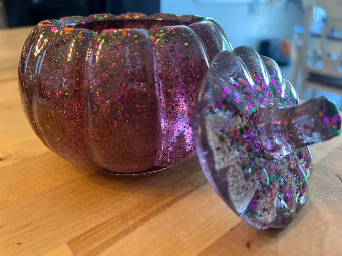 Handmade Resin Pumpkin Jar – Glittery Autumn Decor | Halloween Candy Jar | Fall Home Accent