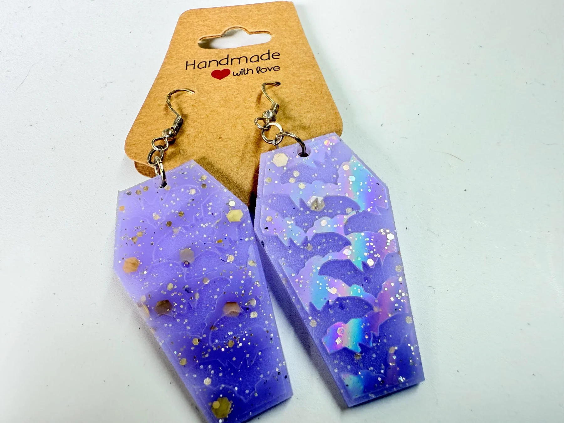 Resin Coffin Bat Earrings | Shimmering Halloween Dangle Jewelry