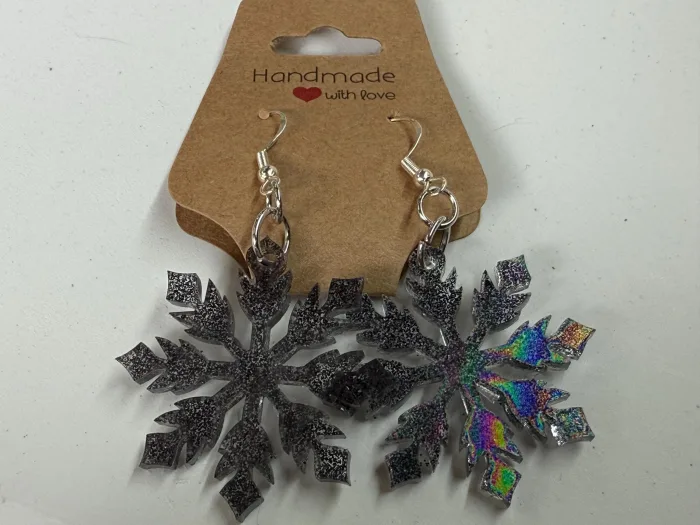 Handmade Resin Snowflake Earrings | Iridescent Pastel Glitter Winter Jewelry